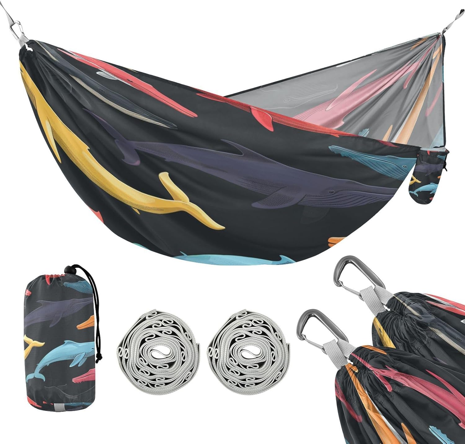 ALAZA Colorful Whale Camping Hammocks Single or 2 Person 500 lbs Portable Parachute Travel Hammock w/Tree Straps for Hiking Backpacking Indoor Outdoor
