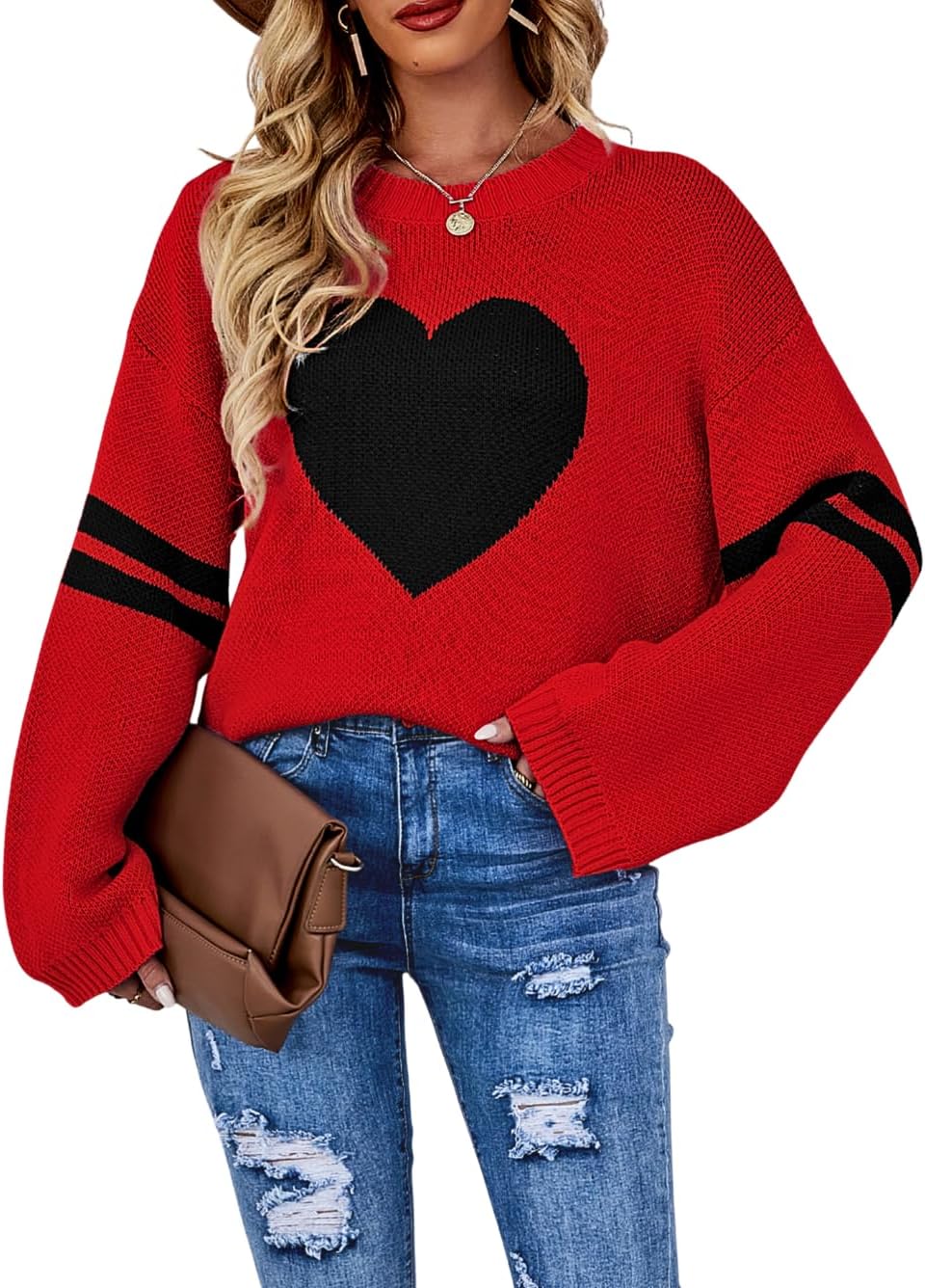 Kaei&Shi Women Cute Heart Sweater,Pattern Pullover Sweaters Sweatshirt,Striped Sleeve Loose Fit Valentines Top Clothes