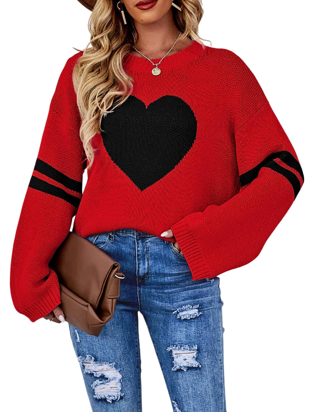 Kaei Shi Women Cute Heart Sweater Pattern Pullover Sweaters Sweatshirt Striped Sleeve Loose Fit Valentines Top Clothes