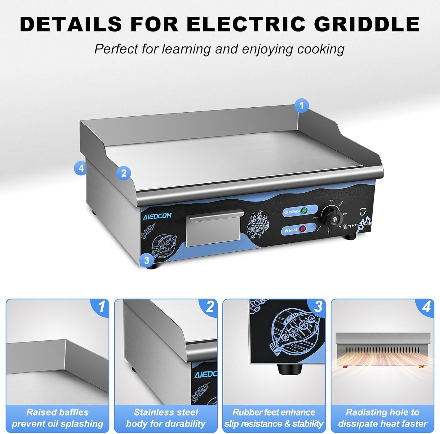 22 Inch Commercial Electric Griddle, Countertop Griddle with Non-stick Flat Top Grill, Stainless Steel Kitchen 2500W Electric Griddle for Home or Restaurant