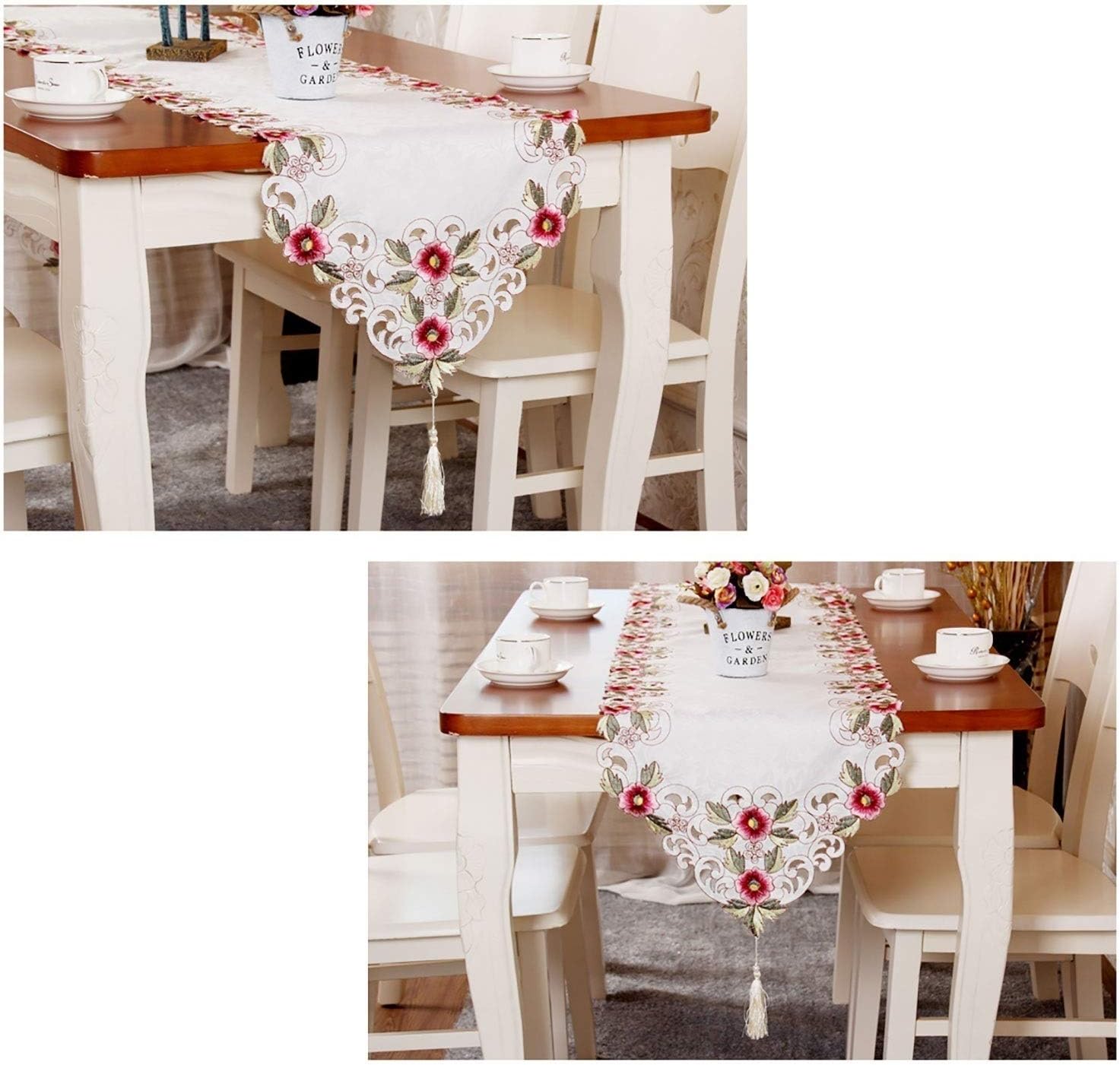 Handmade Simple Rectangular Table Runner Embroidered Lace Flower Table Runner Fabric Floral Damask Rectangular Table Runner Dresser Scarf with Tassels (D 40 * 218cm)