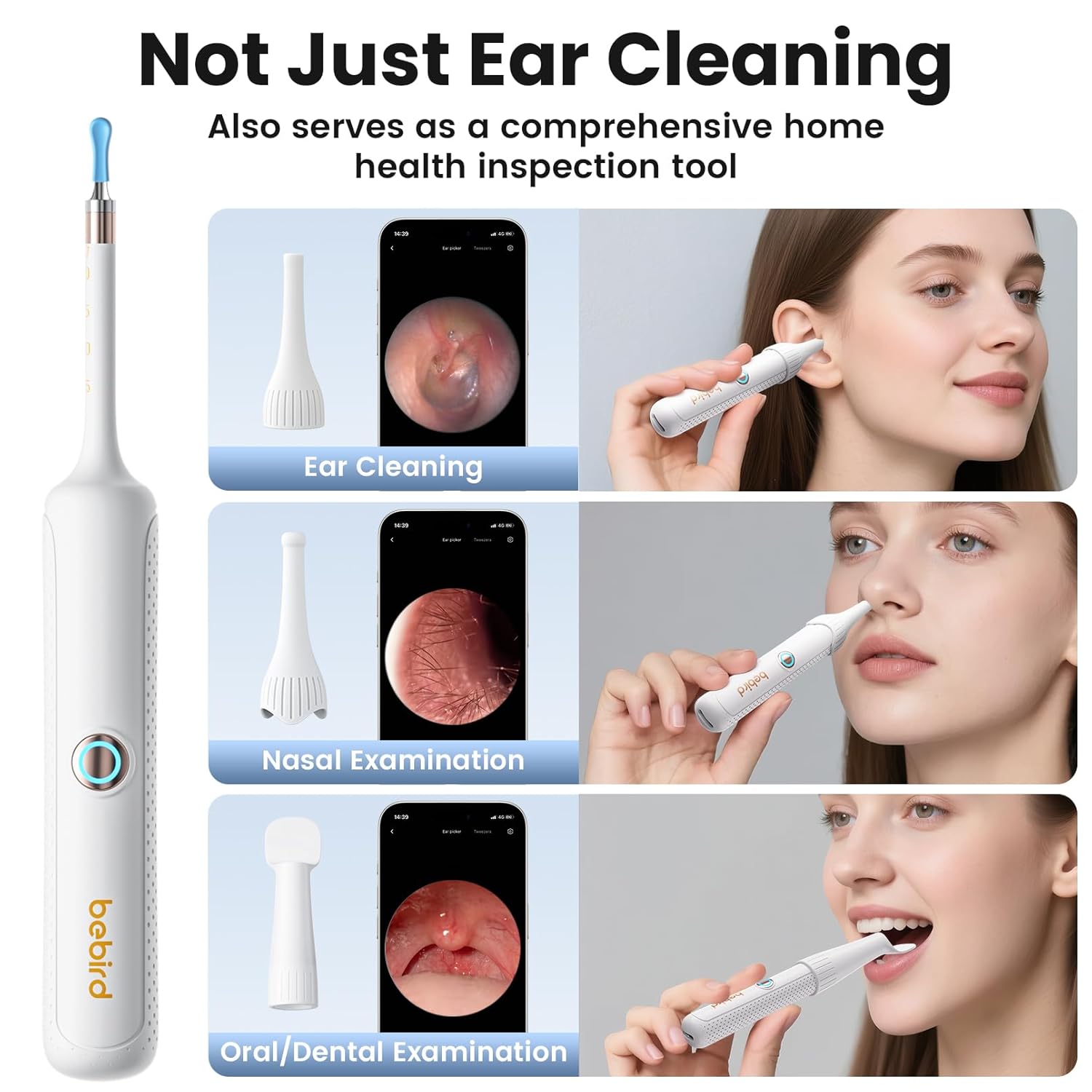 Flexible Ear Wax Removal Tool Camera, Wireless Smart Visual Ear Cleaner with 1080P HD Ear Scope with 12 Soft Tips, Painless Tweezers, 3 Inspection Heads, Portable Earwax Removal Kit for Adults & Kids