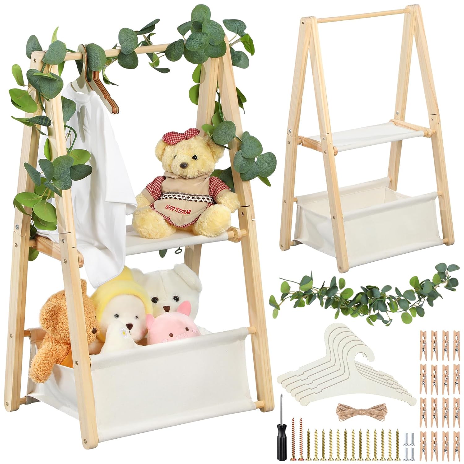 Foldable Double-Layered Wooden Baby Shower Crate Closet with Clothes Hangers Eucalyptus Garland Detachable Basket for Nursery Newborn Clothing Rack Shower Gifts, Pregnancy Gifts for New Mom