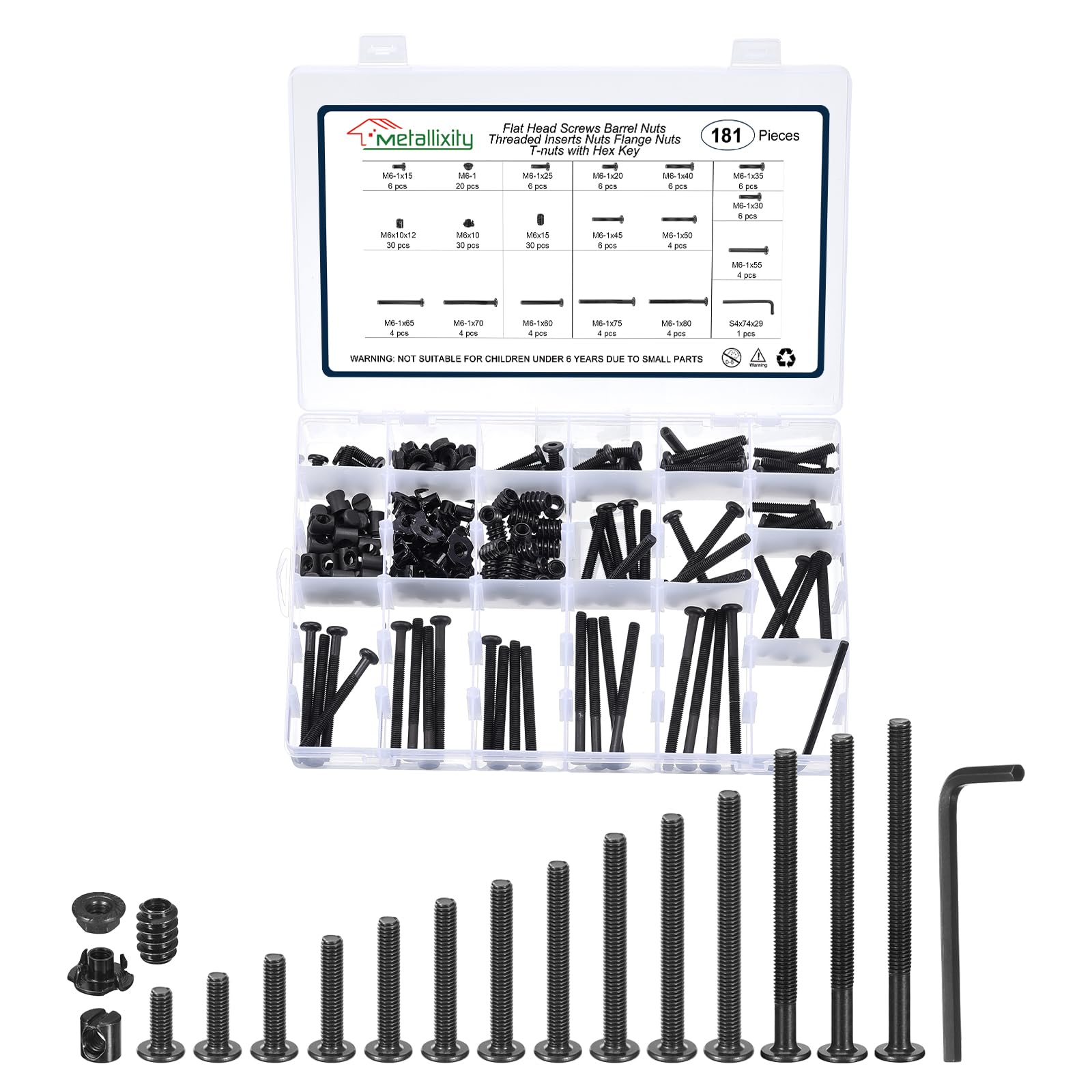 METALLIXITY Connettori Bulloni (M6 x 15-80mm) 181Pz, Kit Connettori Bulloni M6 Viti Dado a Canne Dado a T e Dadi a Flangia, per Sedia Armadio Letto, Nero