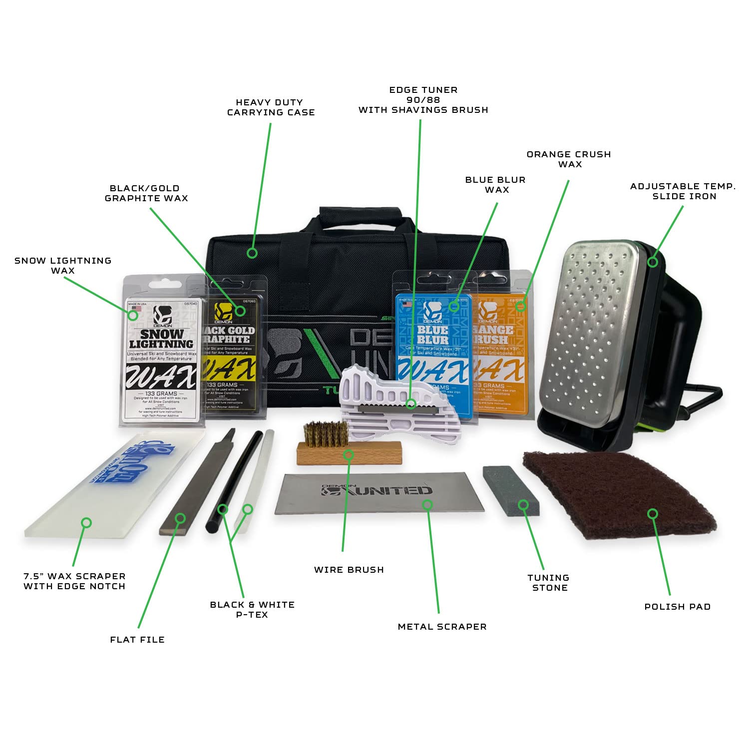 DEMON UNITED USA Diamond Star Edition Ski & Snowboard Tuning Kit, All Season Wax Kit, Hot Wax Iron, Wax Apron, Nylon Brush, Base Cleaner, Brake Retainers (Diamond Star Edition)
