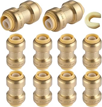 10 Pack 3/4 Inch Pushfit Straight Coupling, PEX Brass Push-fit Coupling with Disconnect Clip, Push-to-Connect Plumbing Fittings for PEX, Copper, CPVC