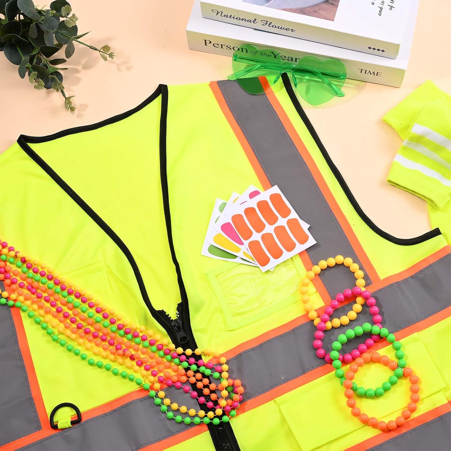 6Pcs Neon Costume Outfit Including Neon Reflective Vest Sunglasses Beaded Bracelet Socks for Women for Glow Party 70s 80s Party Neon Football Game Accessories - Image 8