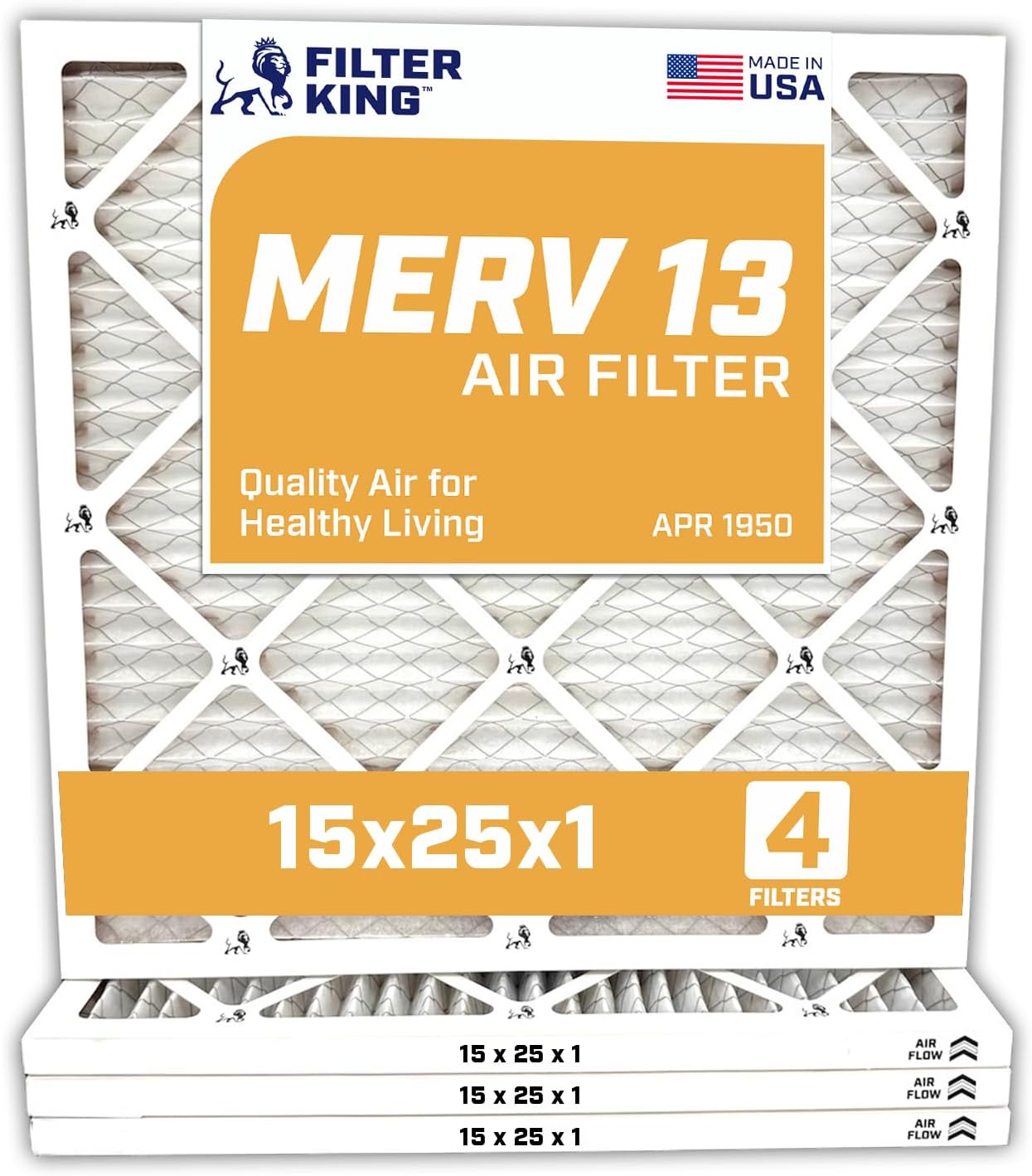 Filter King 15x25x1 Air Filter | 4-PACK | MERV 13 HVAC Pleated A/C Furnace Filters | MADE IN USA | Actual Size: 15 x 25 x .75"
