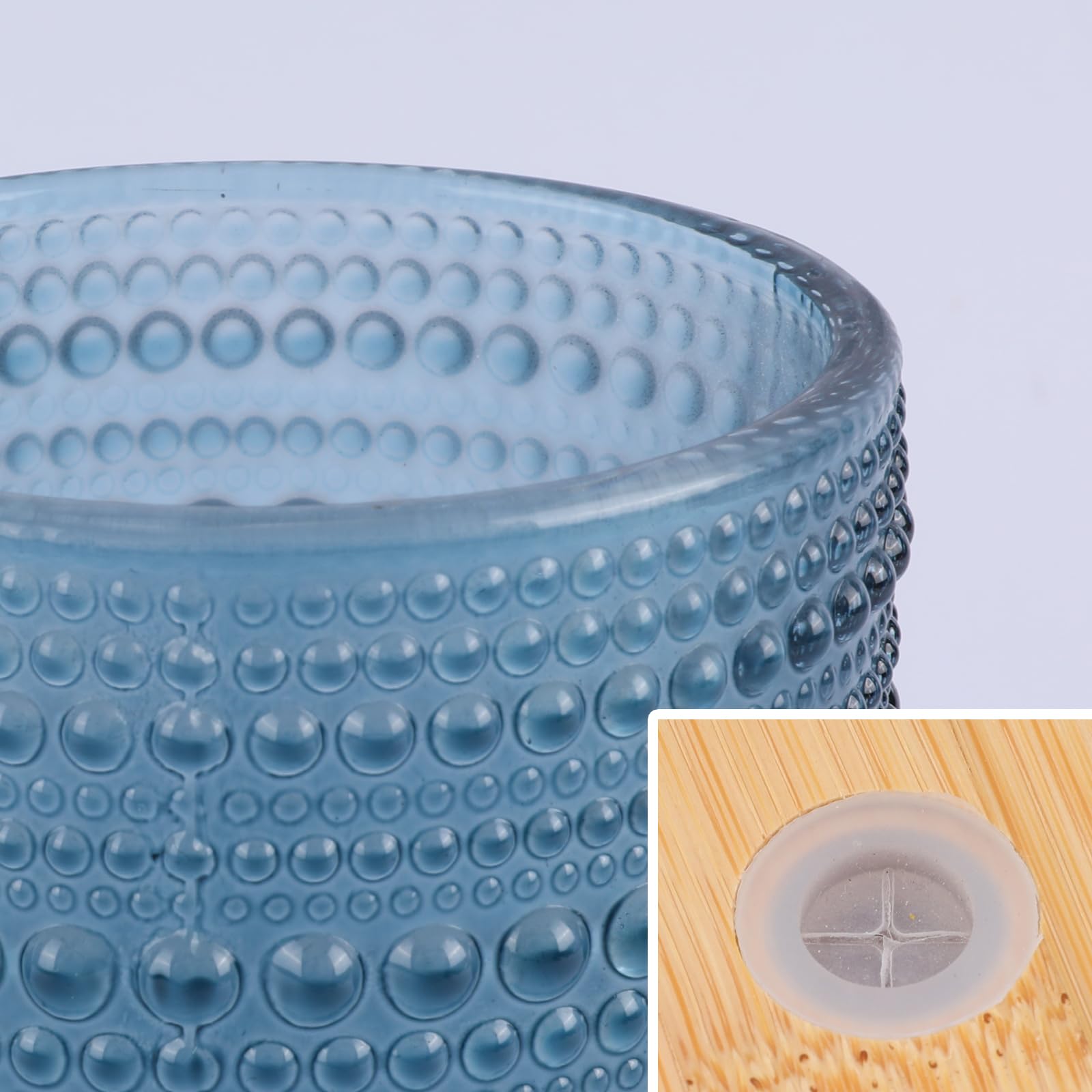 Vintage Drinking Glasses Set of 4 with Bamboo Lids, Textured Clear Striped Ribbed Glassware Set Cocktail Set Beaded Glass Cups Old Fashion Embossed Iced Coffee Cup for Beer, Beverage(16 oz), Blue