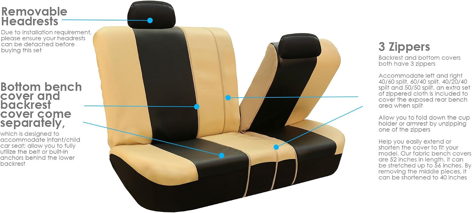 FH Group Car Seat Covers High Back Royal PU Leather Car Seat Covers Airbag & Split -Fit Most Car, Truck, SUV, or Van (Beige/Black) PU103114