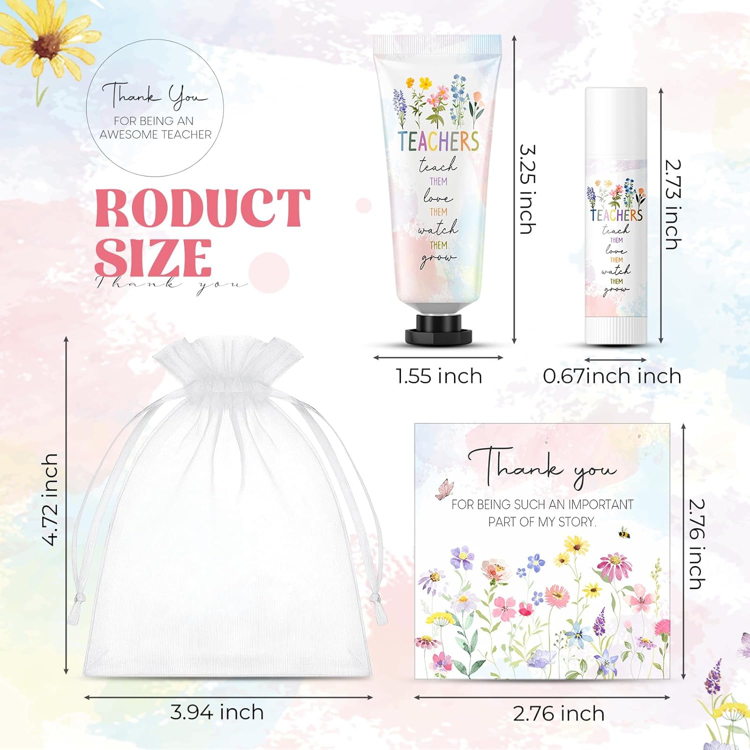 24 Sets Wildflower Teacher Appreciation Gifts Include Hand Cream Lip Balm Bulk Organza Bags Thank You Cards, Thank You Teacher Graduation Watercolor Flowers Theme Gifts Party Favors for Women