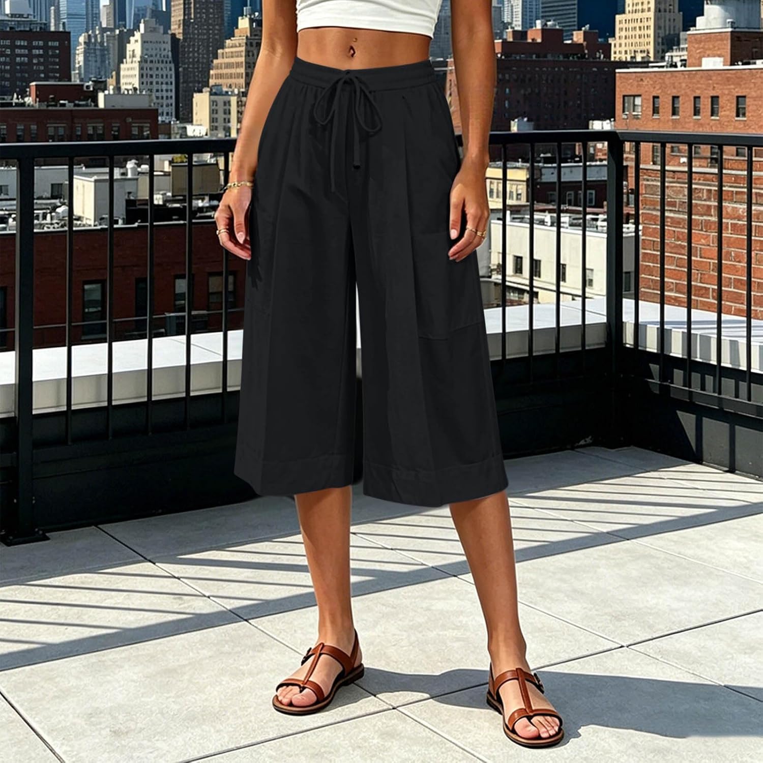 Capris Pants for Women Boho Casual Loose Drawstring Elastic Straight Wide Leg Cropped Trouser Beach Vacation Pant