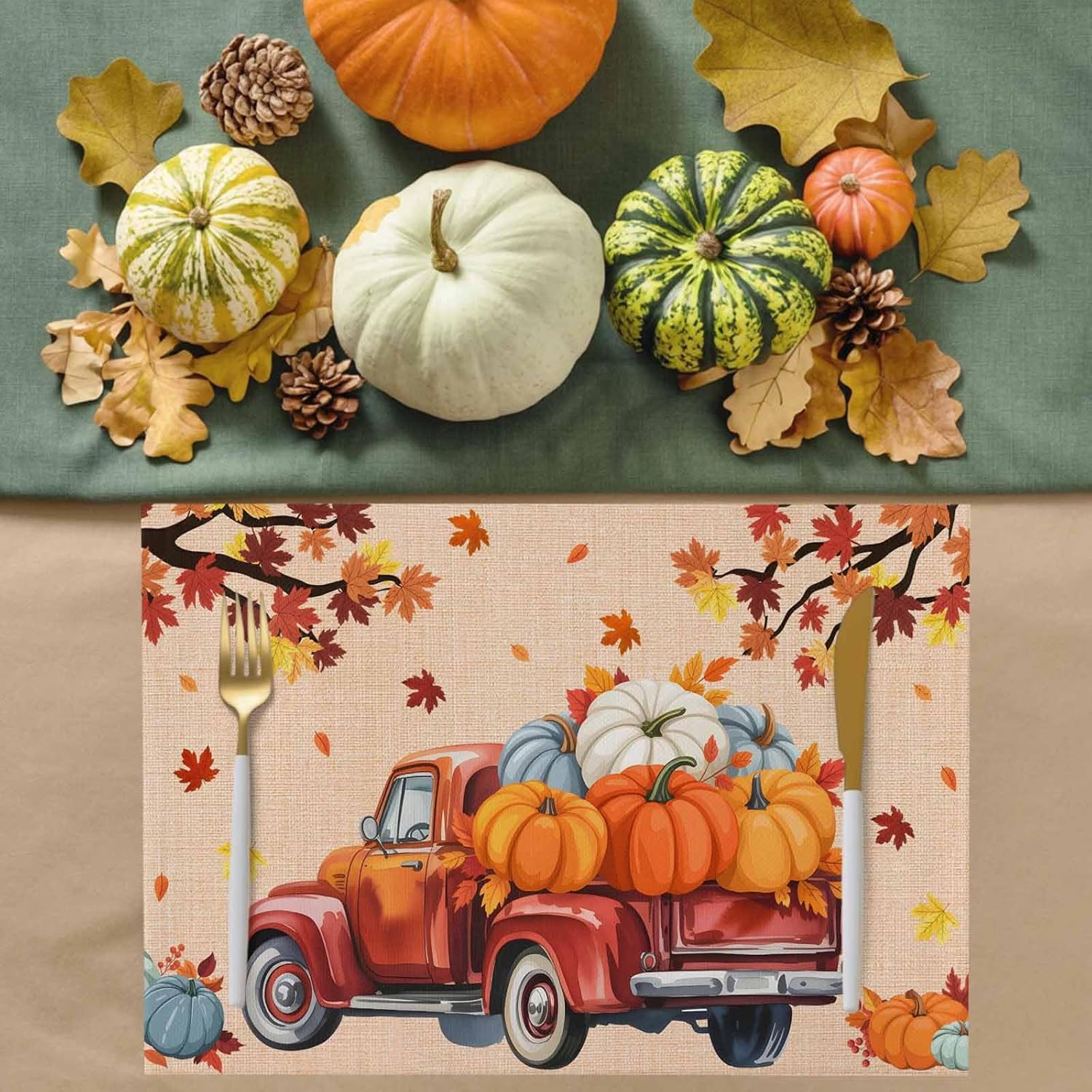 Fall Placemats Set of 6, Pumpkin Truck Placemat for Dining Table Decorations, Washable Cotton Linen Autumn Place Mats, Maple Leaves Table Mats for Kitchen Dinner Thanksgiving Holiday Party Decor