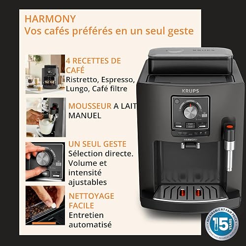 Krups Harmony, Machine espresso entièrement automatique avec buse vapeur, 4 boissons, Mousseur à lait manuel, Charbon, EA508BE0, Gris Coal - 6