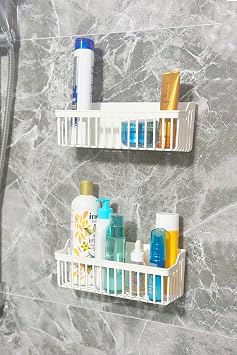 ATA HOME Banyor Yapışkanlı Banyo Rafı, 2'li Banyo Düzenleyici Organizer Duş Şampuanlık, Plastik Beyaz