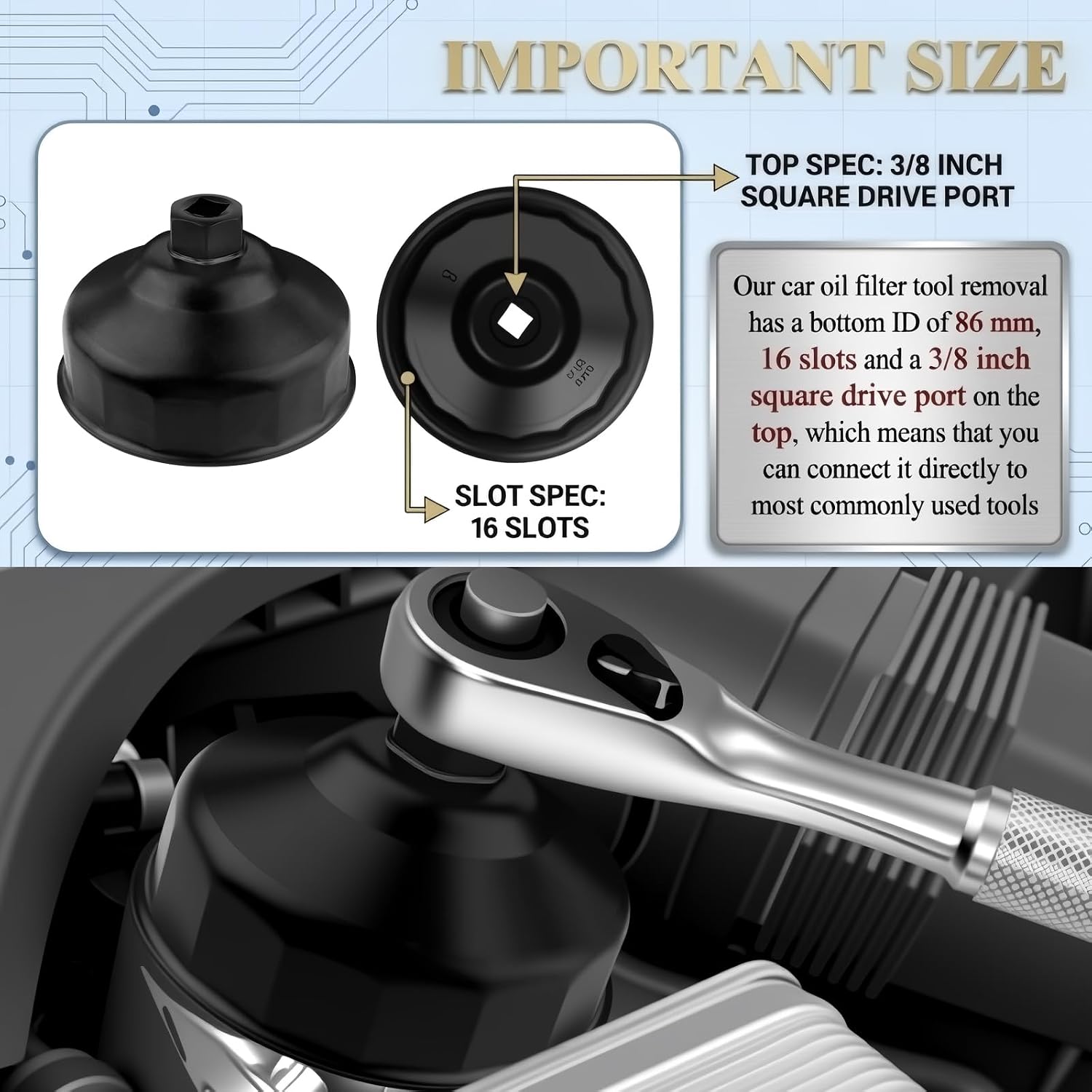 86mm 16 Flute Oil Filter Wrench,Essential Car Oil Filter Removal Tool with 3/8" Drive Port,Professional Oils Filters Remover Tool Compatible with BMW Volvo Automotive Tools