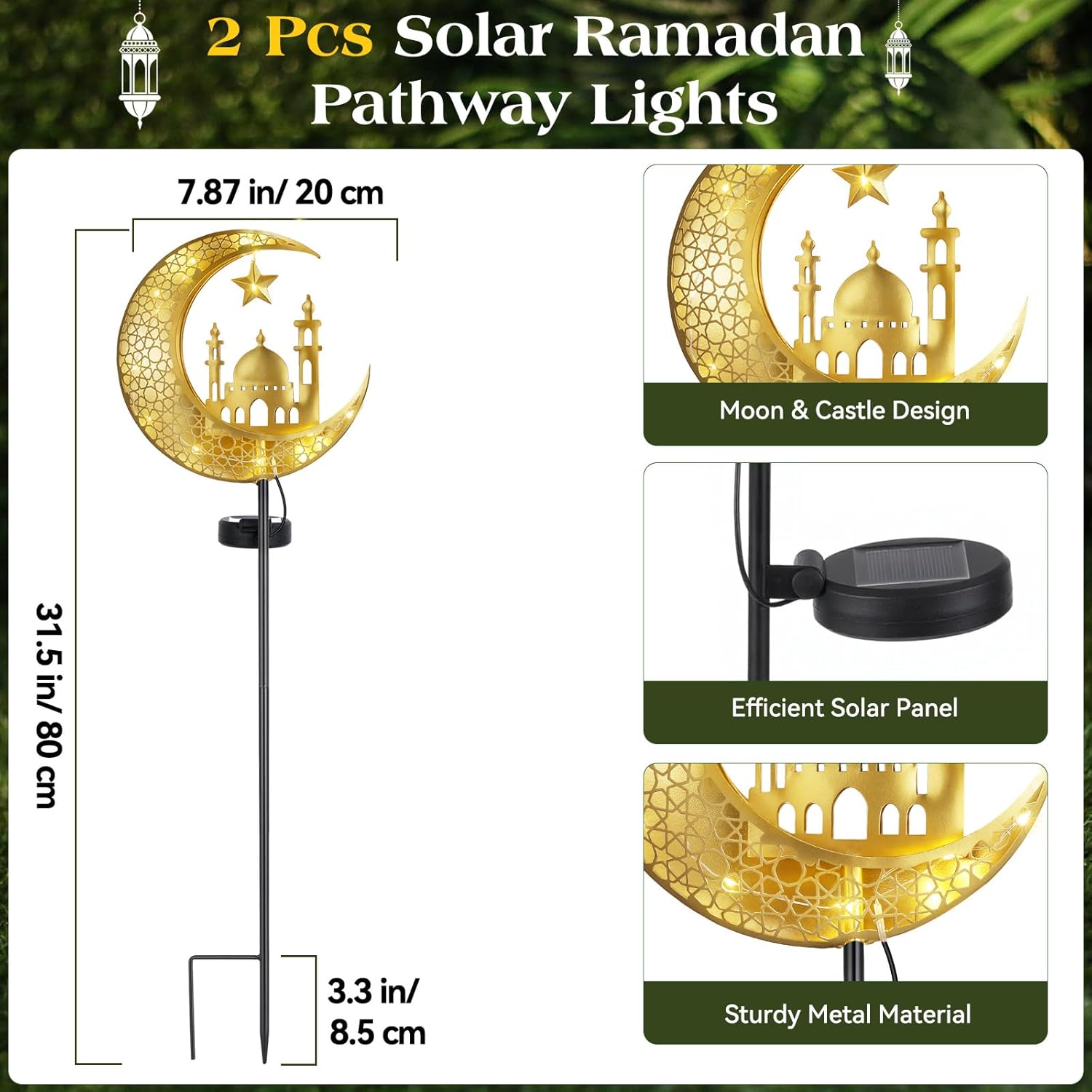 Lewondr 2Pcs Ramadan Solar Lights, Ramadan Decorations Outdoor, Metal Yard Signs LED Eid Decorations Mubarak Star Moon Castle, Waterproof Solar Garden Stakes Lights for Walkway Lawn Patio