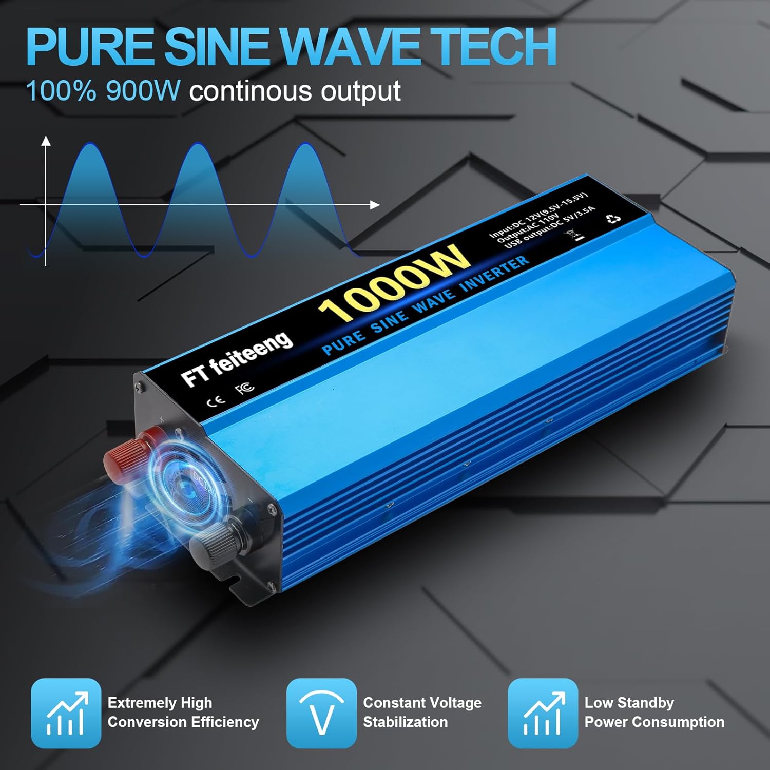 1000W Pure Sine Wave Inverter, 12V to 110V DC to AC Converter with LED Display and Dual AC Socket & 5V 3.4A USB for Car Truck RV Home Camping