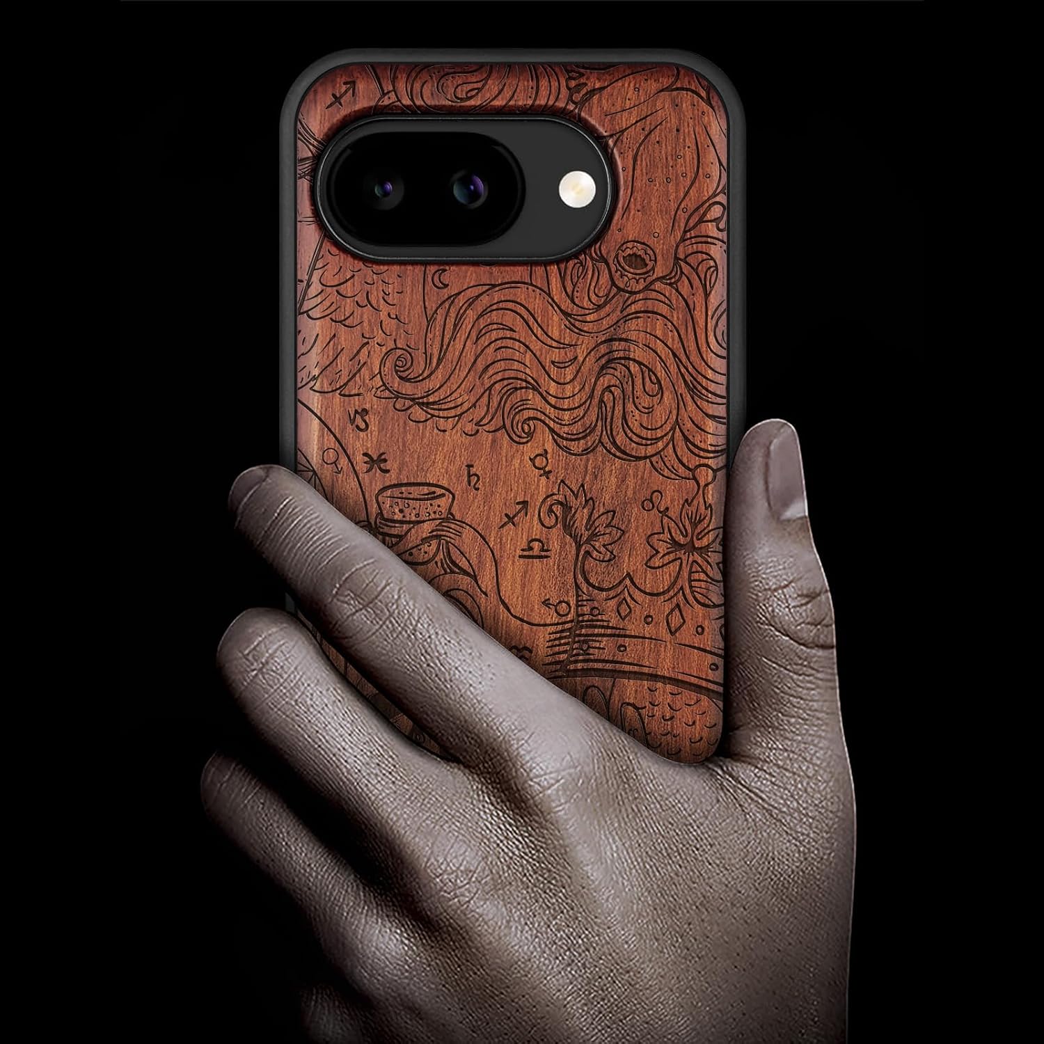 Carveit Magnetic Wooden Case for Google Pixel 10a Case, Wood Artisan Engraved & Soft TPU Shockproof Cover, Compatible with MagSafe Wireless Chargers (Zodiac Symbols and Occult Mystique) Rosy