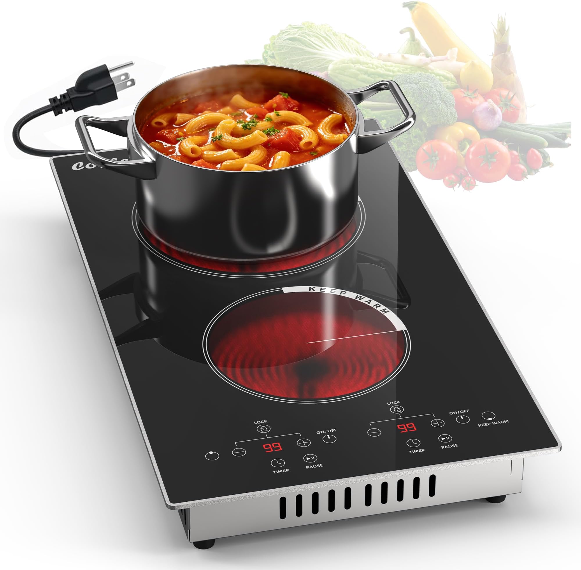 2 Burner Electric Cooktop - 110v Countertop and Built-in Electric Stove 2000W, 12 Inch Ceramic Stove with Residual Heat Indicator, Over-Temperature Protection, Knob Control, 110-120V Plug in