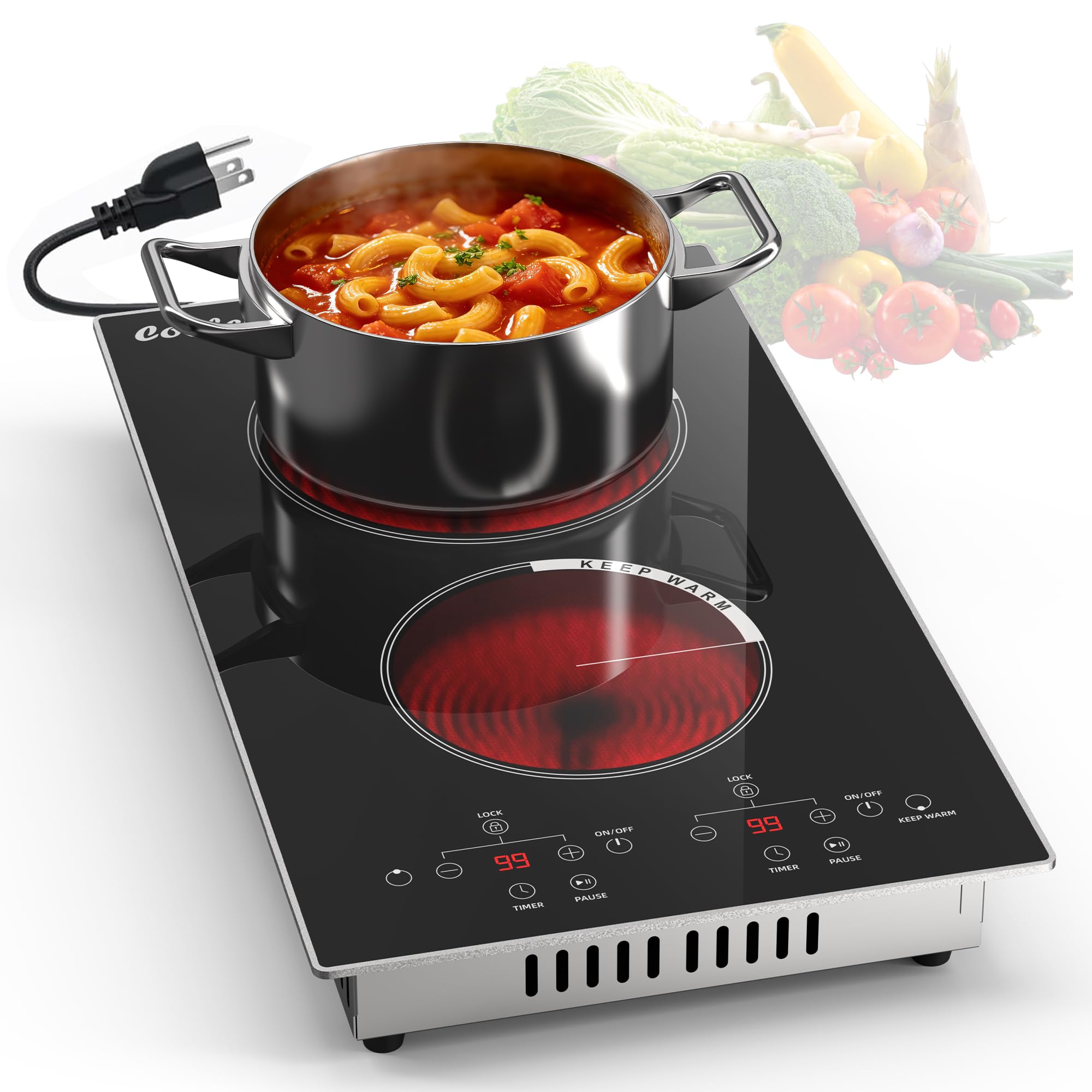 2 Burner Electric Cooktop - 110v Countertop and Built-in Electric Stove 2000W, 12 Inch Ceramic Stove with Residual Heat Indicator, Over-Temperature Protection, Knob Control, 110-120V Plug in