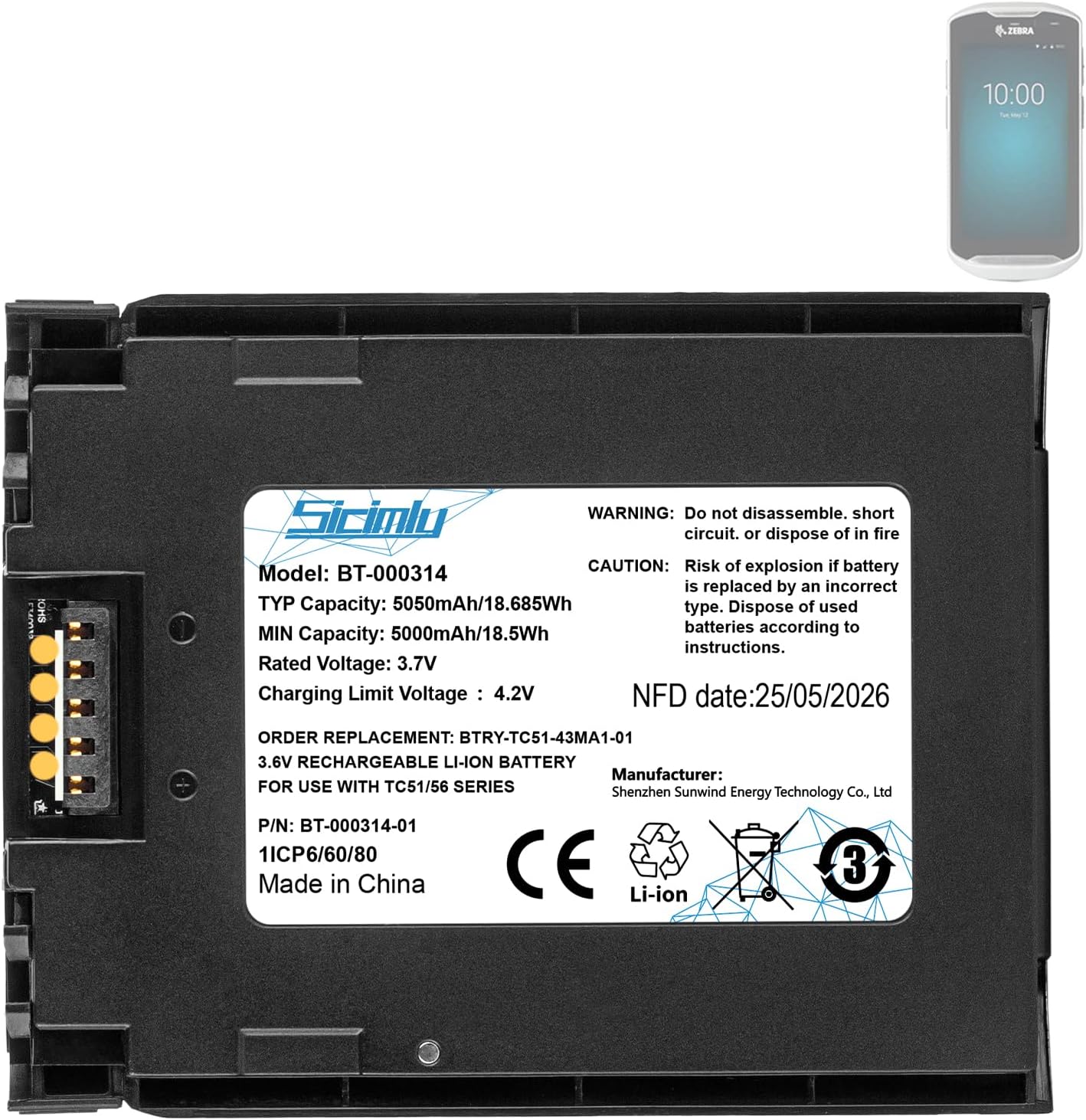 Sicimly BT-000314 for Zebra TC57 TC52 Scanner Battery Replacement