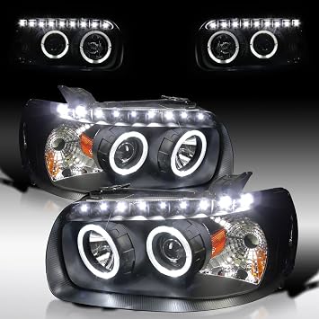 Autozensation Compatible with 2005-2007 Ford Escape, Left + Right Pair Headlamps Assembly, Dual Halo Black Projector SMD LED Headlights