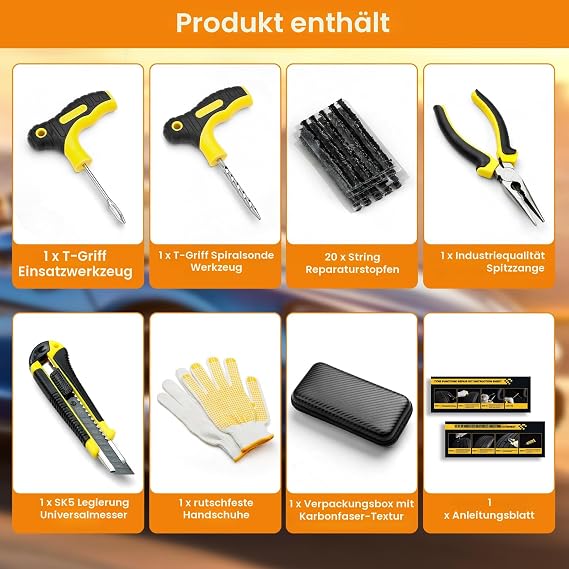 Flat Tyre Repair Kit - Puncture Plug and Patch Kit with Sealant Ideal for Car Truck Motorcycle Bicycle - Quick Repair