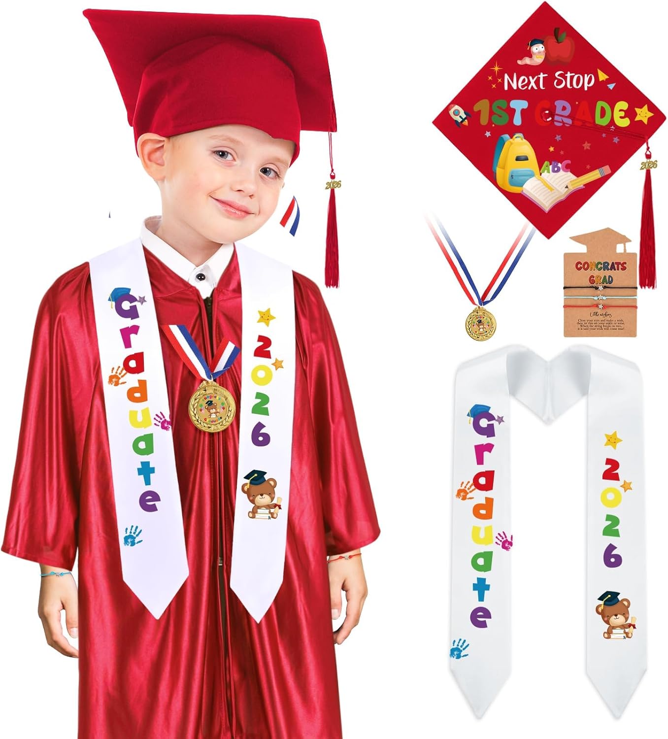 YLOLUL 2026 Kindergarten Preschool Graduation Gown Cap Set Graduation Stole Bracelet Medal Certificate Package Grad Gifts