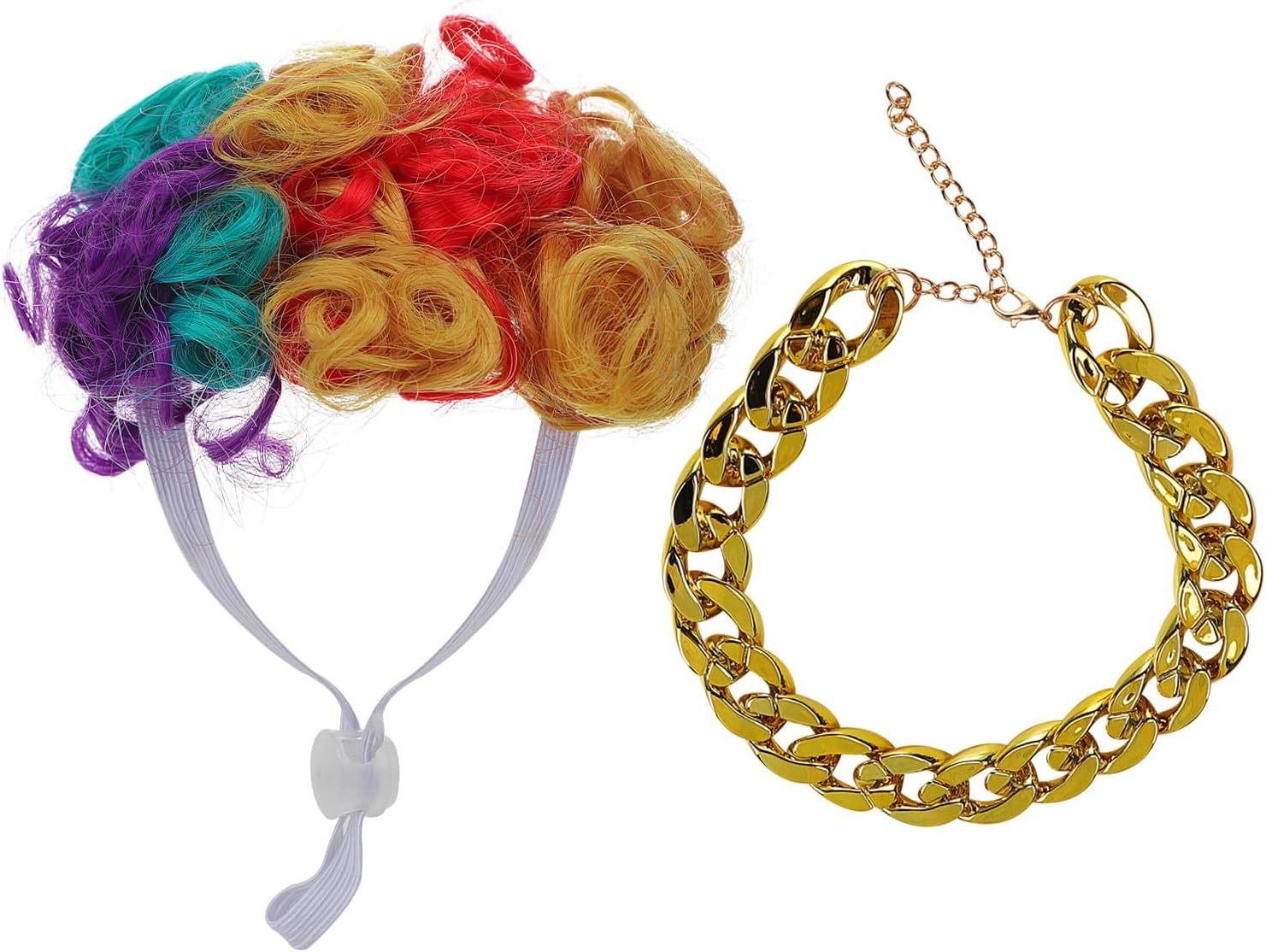 Pet Wig for Dogs & Cats, Funny Afro Hair Costume Headpiece with Gold-Tone Chain, Cute Photo Prop for Small Dogs & Cats, Halloween Party Dress-Up Accessory
