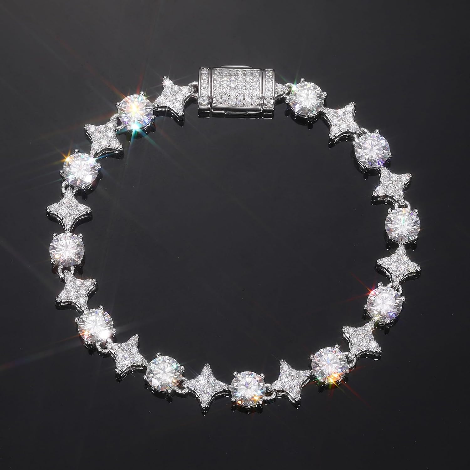 ICEDIAMOND Men’s 6mm Moissanite Star-Link Bracelet, 925 Sterling Silver Iced Out Round & Star Cut Chain, D-Color VVS1 Shine Luxury Hip Hop Jewelry