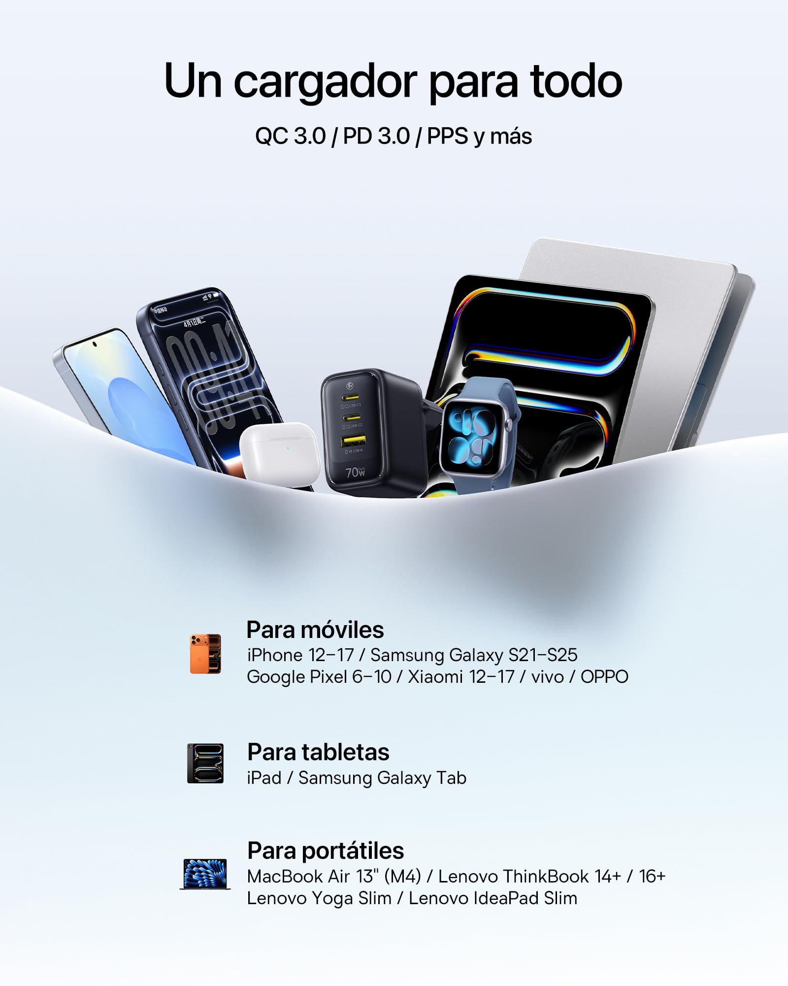 Baseus Enerfill - Cargador USB C de 70 W GaN6 de 3 Puertos - Fuente de alimentación compacta para MacBook Air, iPhone 17/16/15 Pro MAX, iPad Pro, Galaxy S25/S24, Pixel, Ordenador portátil y más