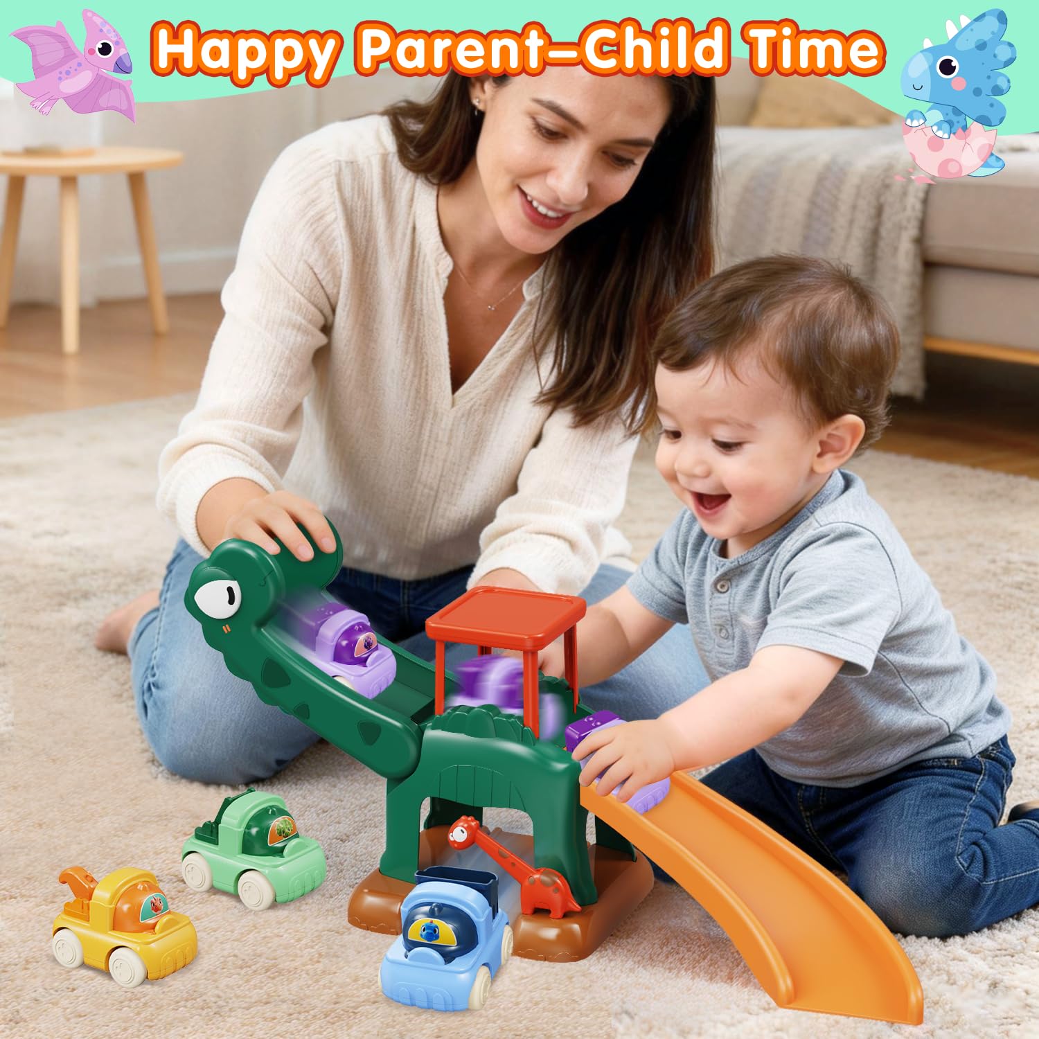 Juguete de Diapositivas de Dinosaurio para niños 1-2 años Que Contiene 4 Juguetes de Carrito, Regalo de Pascua para el Primer cumpleaños de los niños, Juguete de Aprendizaje Montessori Edad 1-2