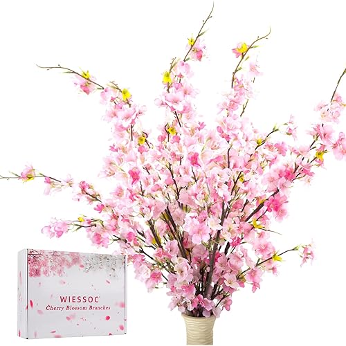 WIESSOC 4Pack 43" Silk Cherry Blossom Branches with Light, Silk Faux Artificial Cherry Blossom, Cherry Blossom Decor Faux Floral for Home Wedding Table Centrepiece, Gift Box