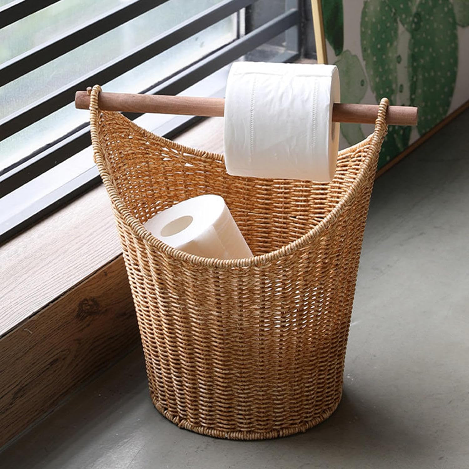 Toilet Paper Storage Basket Snack Basket Wicker Toilet Roll Basket Holder with Roll Holder Bar Laundry Hamper for Laundry Room Living Room