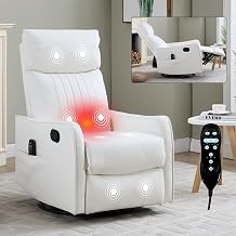 High Back Massage Recliner with Heat - Swivel Rocking Chair for Small Spaces, Manual Lazy Boy Recliner for Adults, Perfect for Living Room & Bedroom, Soft Fabric White
