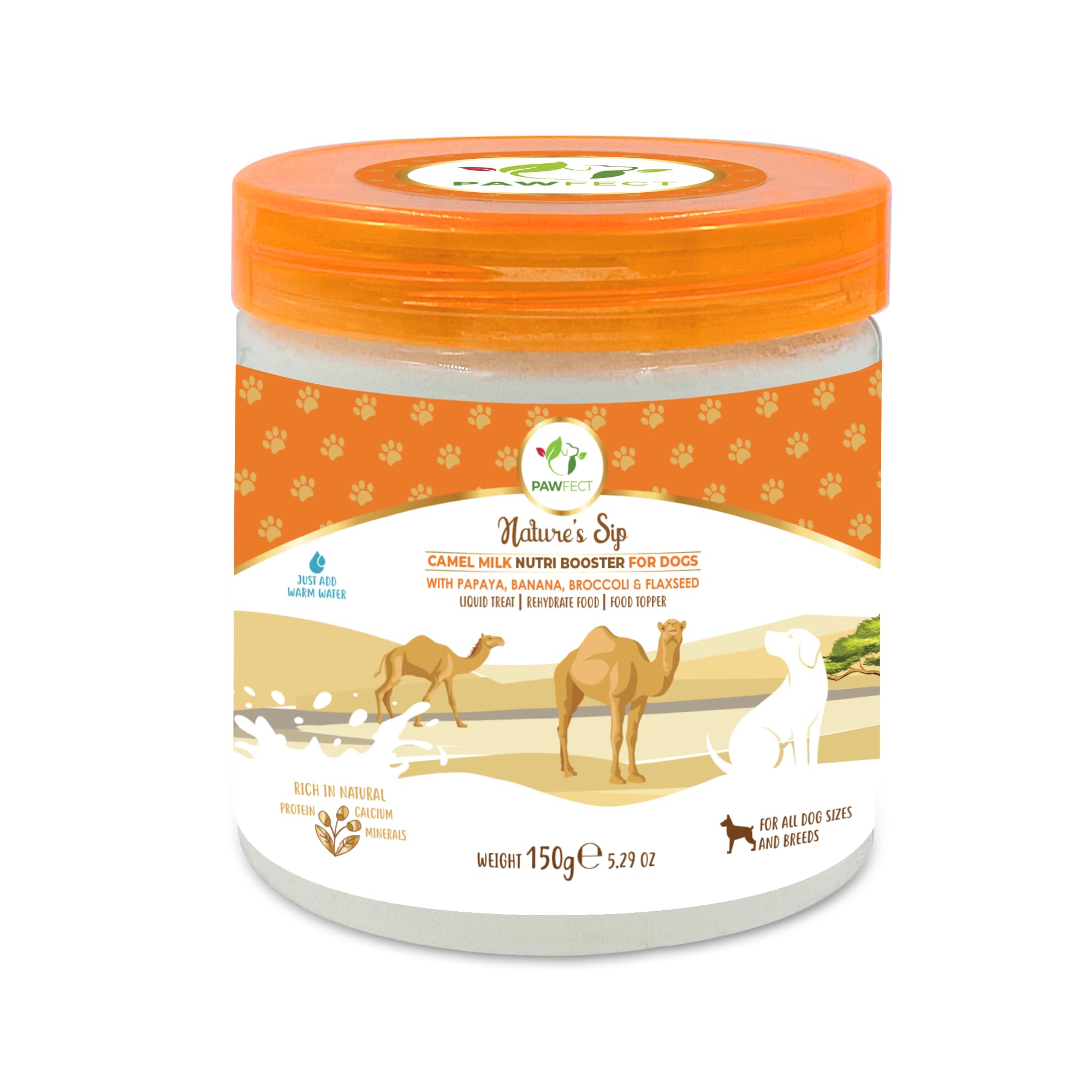 Pawfect Nature's Sip Camel Milk Powder with Papaya, Banana, Broccoli & Flaxseeds for Dogs- Easily Digestible- Pre & Probiotics- Healthy Topper- Low Glycemic- Hydration Support- 30 scoops(150g/5.29oz)