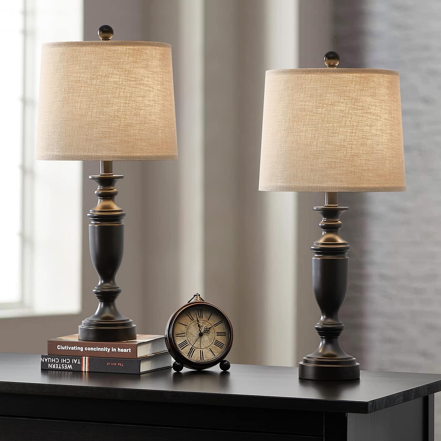 70% Off Discount PORTRES 24.5'' Table Lamp Set of 2 for Living Room Retro Style Nightstand Lamps for Bedroom Kids Room Study Room Office Resin Table Lamps Farmhouse Brown