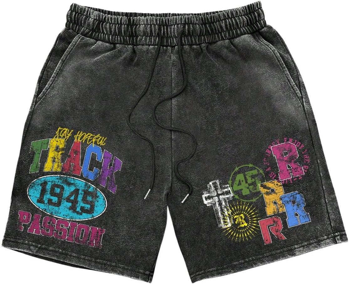Men's Y2k Graphic Shorts Distressed Washed Summer Grunge Workout Gym Track Shorts Vintage Drippy Streetwear