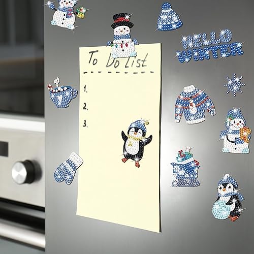 Miniatura 6 de 16 piezas de imanes de pintura de diamante de Navidad, imanes de invierno para refrigerador, calcomanías de pingüino, copo de nieve, muñeco de