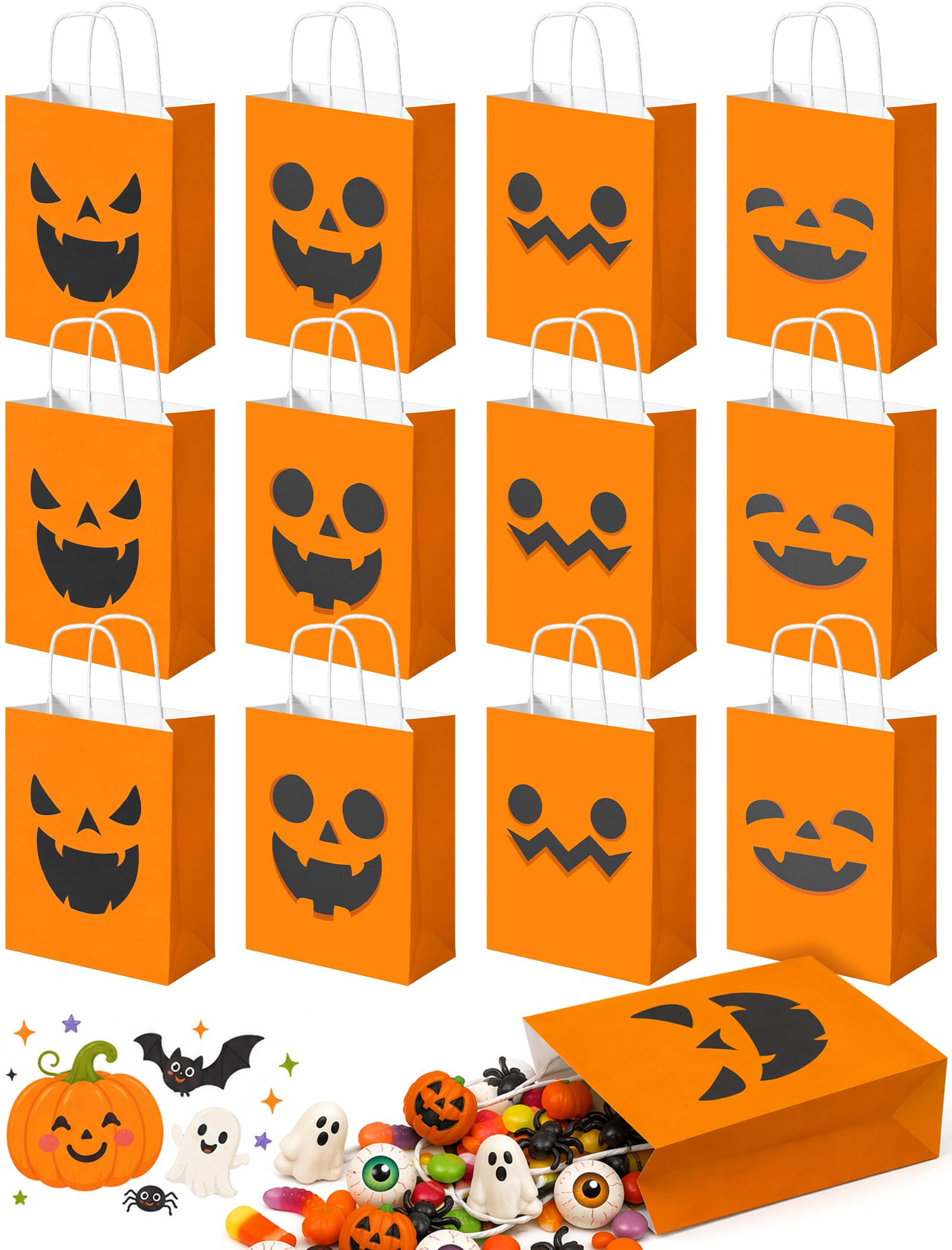 NiHome 12-Pack Halloween Paper Goodie Bags – 4 Pumpkin Emoji Designs, Party Favor Bags