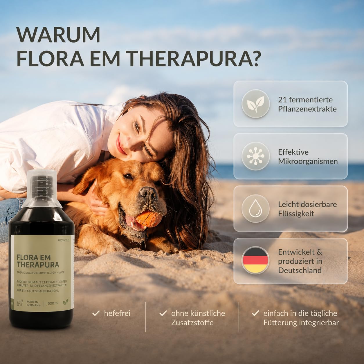 Flora EM Therapura Probiotique pour chien 500 ml liquide – Structure de la flore intestinale avec 21 herbes fermentées, micro-organismes et extraits de plantes – Digestion naturelle du chien