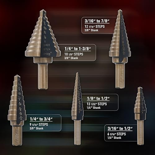 Vista 2 de ZELCAN Step Drill Bits, HSS 5PCS Titanium Step Drill Bit Set, 50 Sizes in 5 High Speed Steel Unibit Drill Bits Set for Sheet Metal with Aluminum