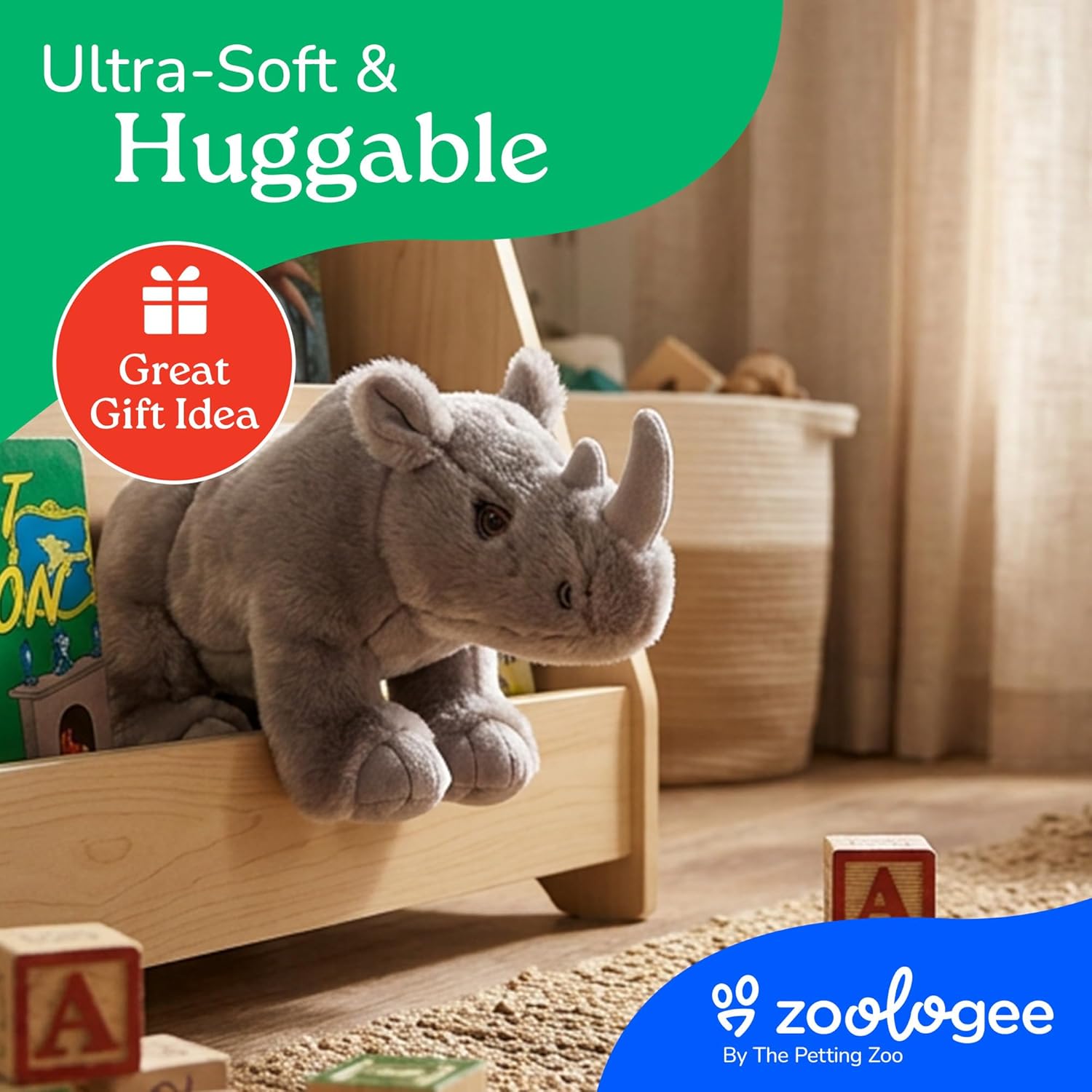 The Petting Zoo Rhino Stuffed Animal Plushie, Gifts for Kids, Earth Keeperz Wildlife Animals, Zoologee Grey Rhino Plush Toy, 12 inches