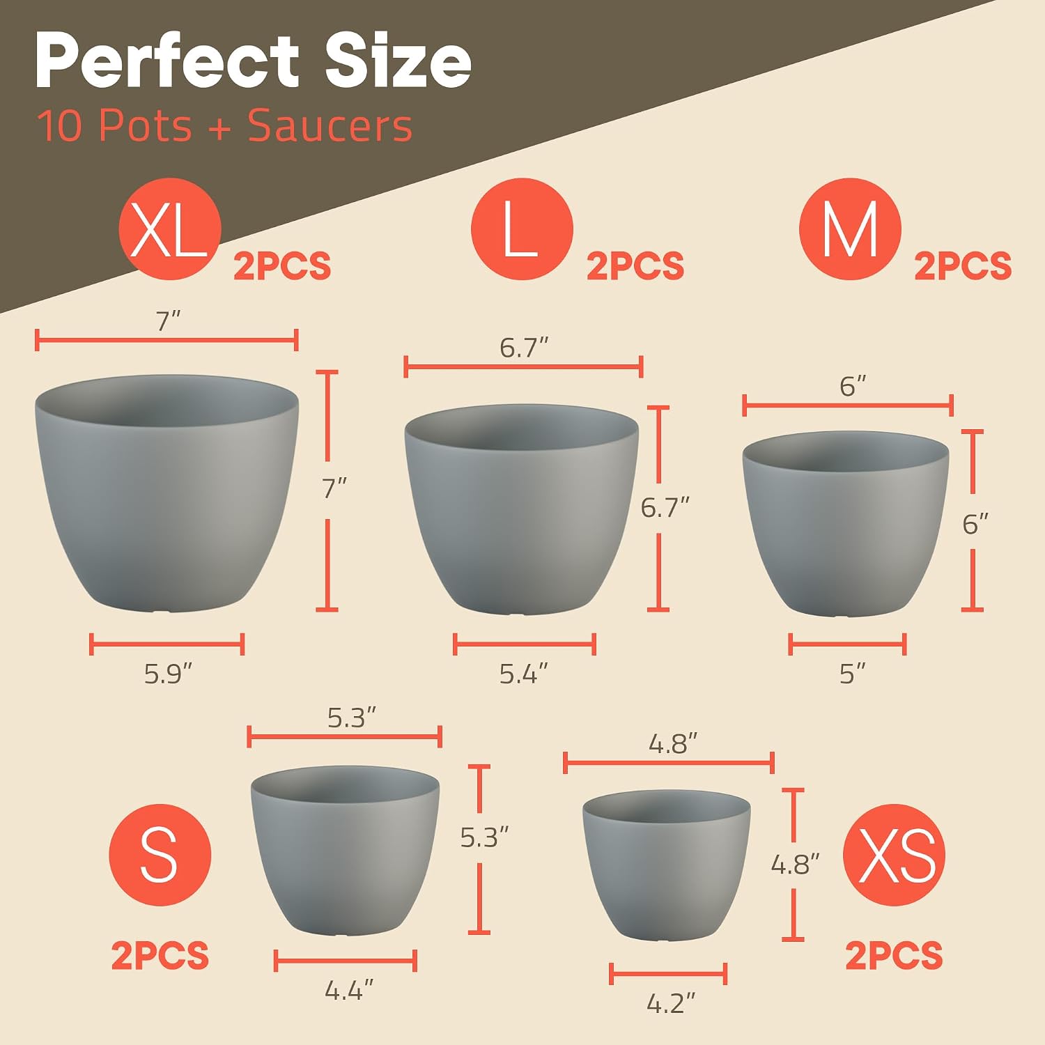 Campior Plastic Plant Pots with Drainage - Home Decor Flower Pot, Stackable Design for Indoor and Outdoor Use, Lightweight and Sturdy, Space-Saving, (7”, 6.6”, 6”, 5.3”, 4.8” Inches), Pack of 10, Gray image 2