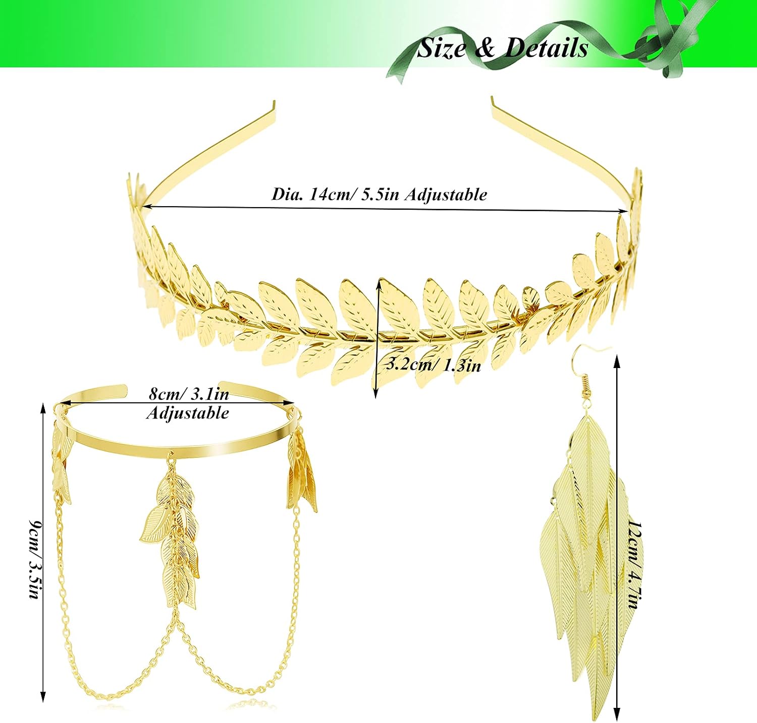 RechicGu 4 Pieces Grecian Goddess Leaf Laurel Costume Accessories Set Roman Toga Party Headband Upper Arm cuff Bracelet Band Earrings Jewelry Women Golden