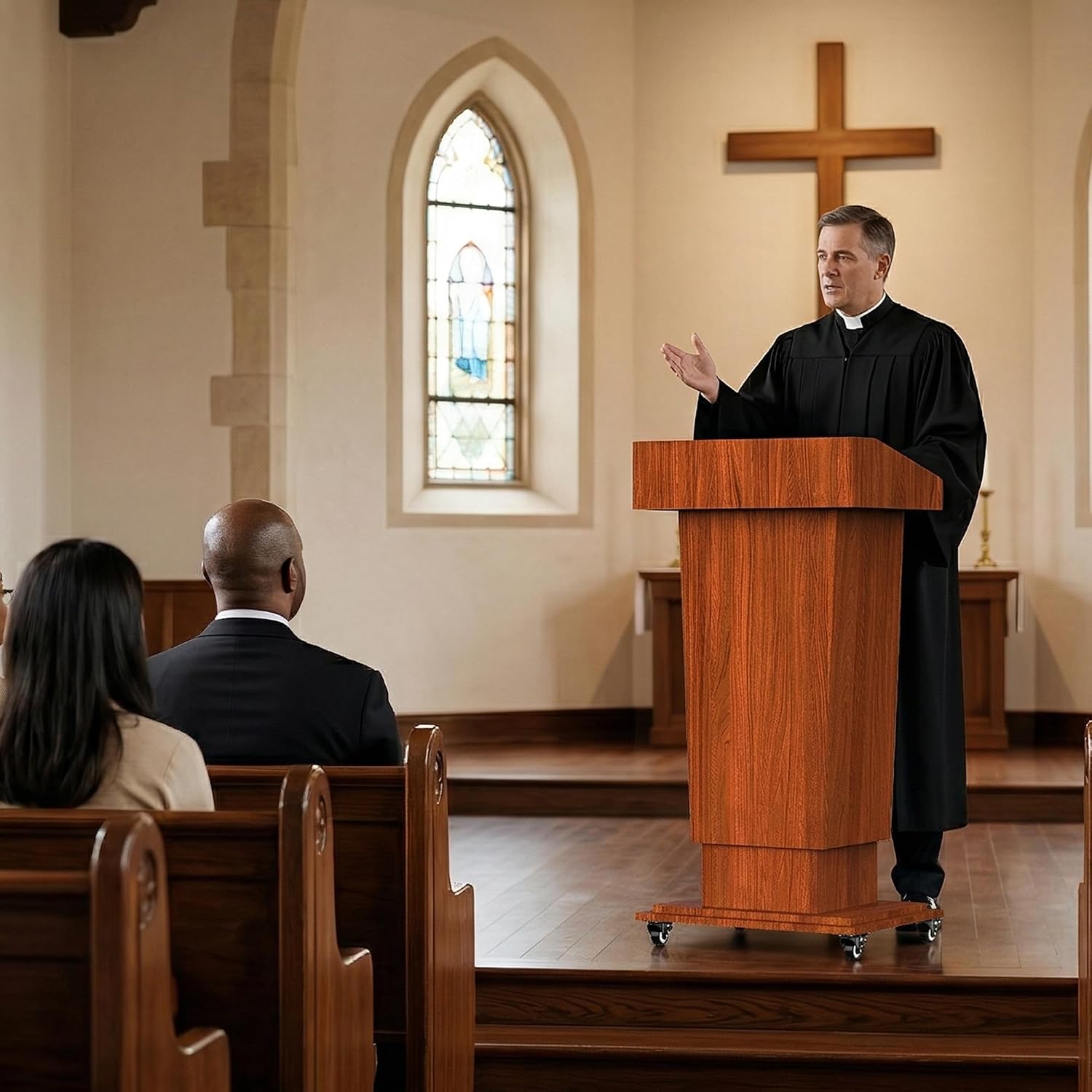 GARVIN GARVIN Wooden Podium Stand with Wheels, 43"-55" Adjustable Height Podium with Hand Crank, Pulpit for Churches with Storage Shelves&Cable Management Hole for Schools, Auditoriums,Conferences