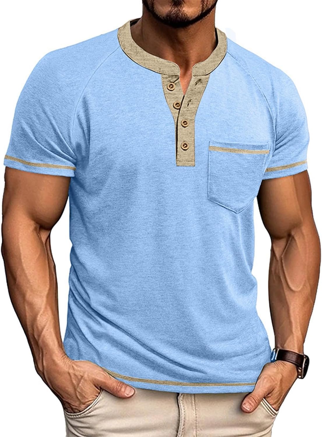 WENKOMG1 Men's Retro Henley Shirts Short Sleeve Athletic Workout Button Tee Top, M-3XL
