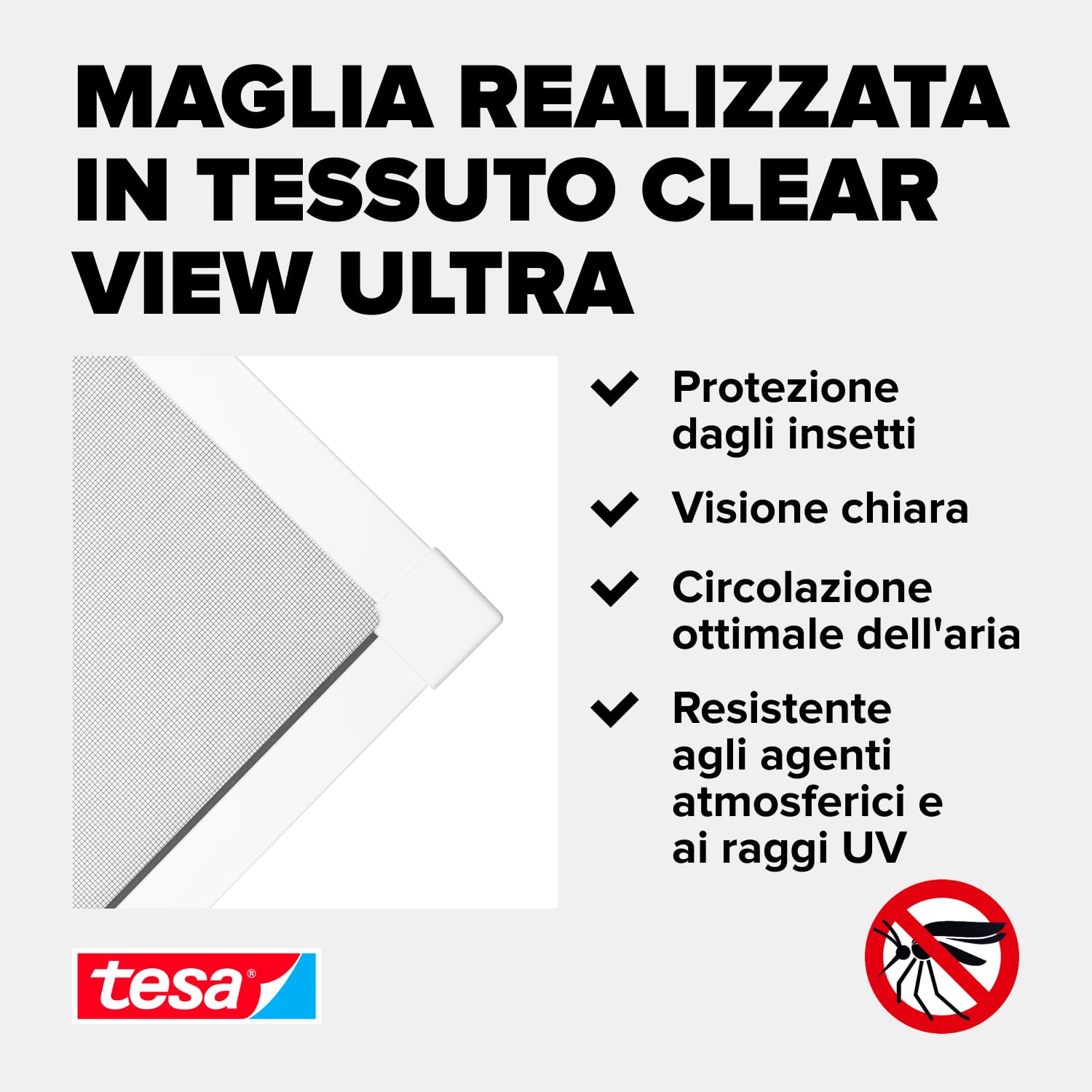 Tesa 55214 Insect Stop Ripiegabile, Zanzariera per Finestre Telescopica con Telaio in Alluminio, Bianca, 80 x 80cm Fino a 140 x 140cm