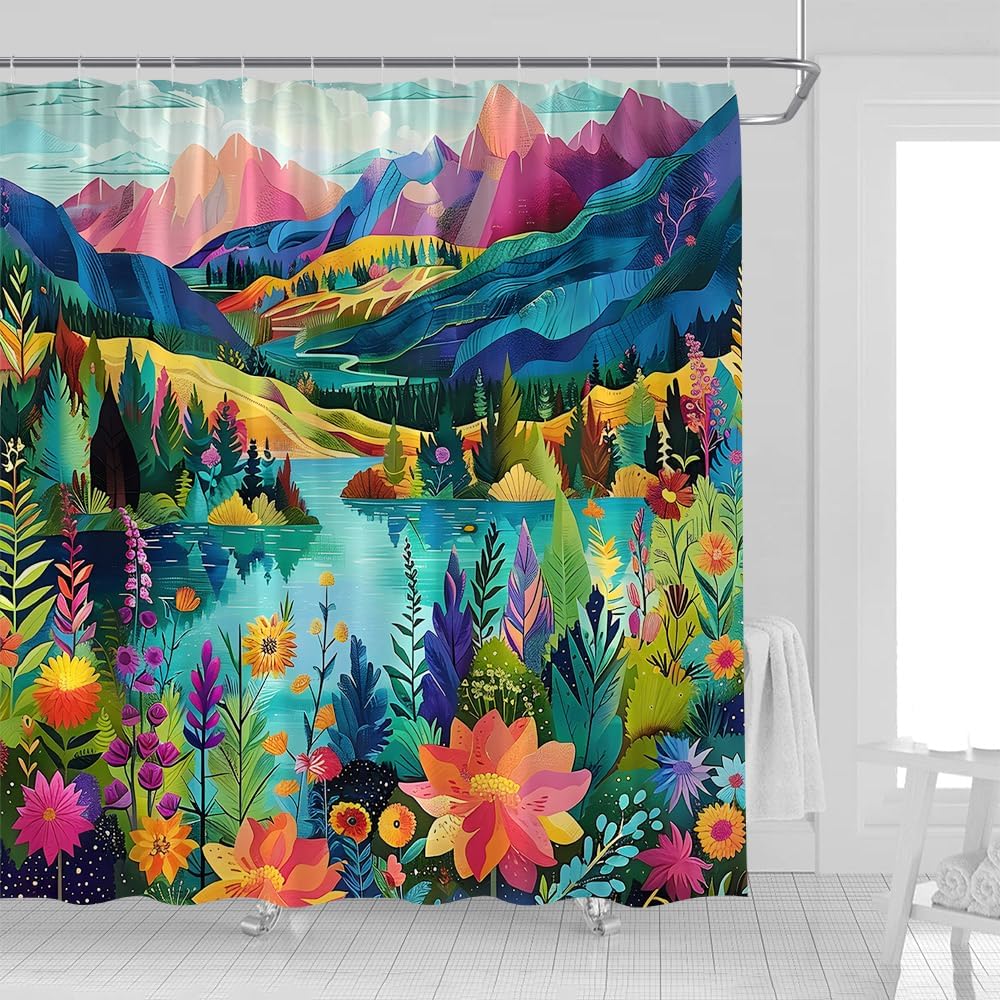 Abstract Mountain Shower Curtain Colorful Floral Leaves Lake Forest Watercolor Art Painting Nature Landscape Fabric Bathroom Decor Curtains with Hooks,70 x 80